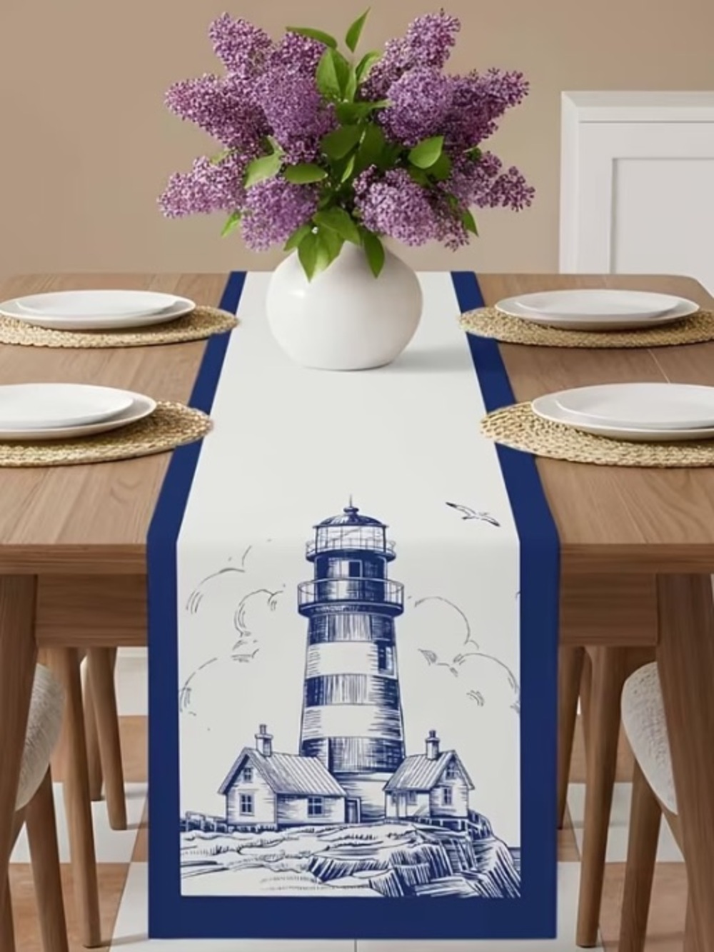 Coastal Lighthouse Table Runner in Blue & Ivory